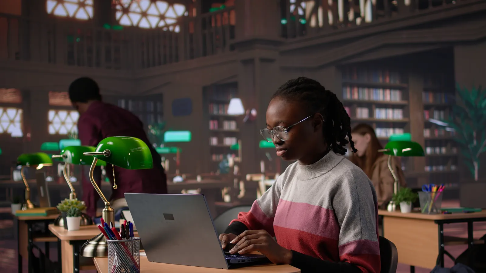 A student working through a research collection in a library