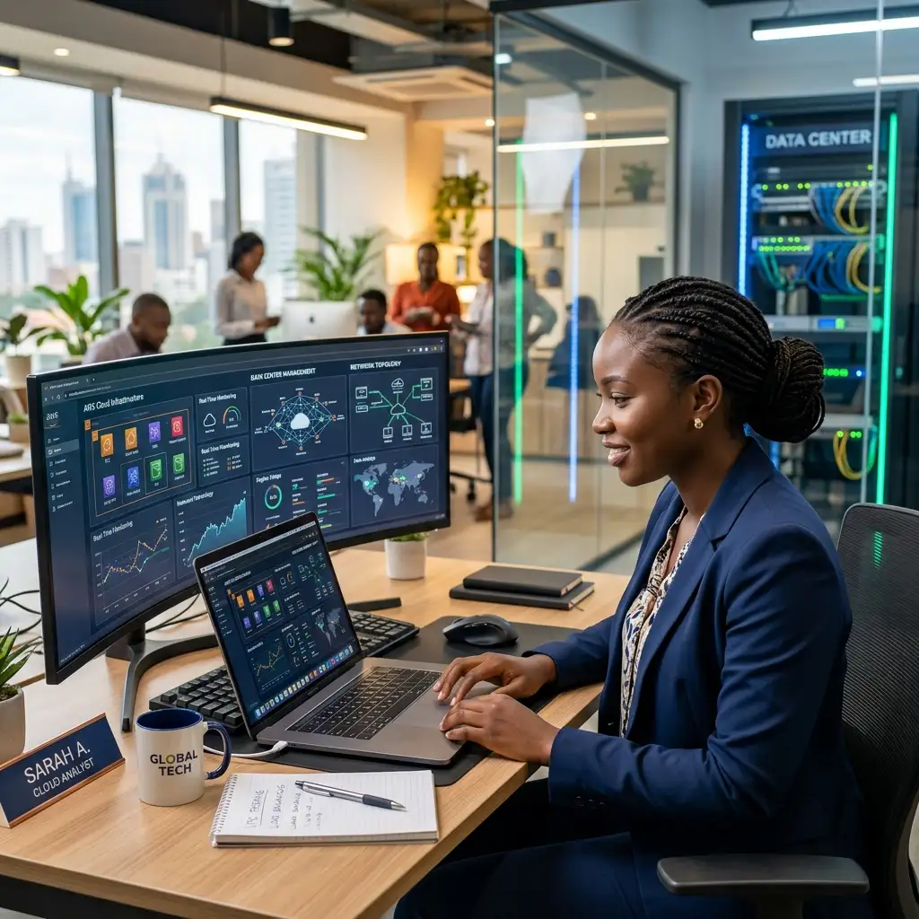 A young African professional working on cloud infrastructure concepts