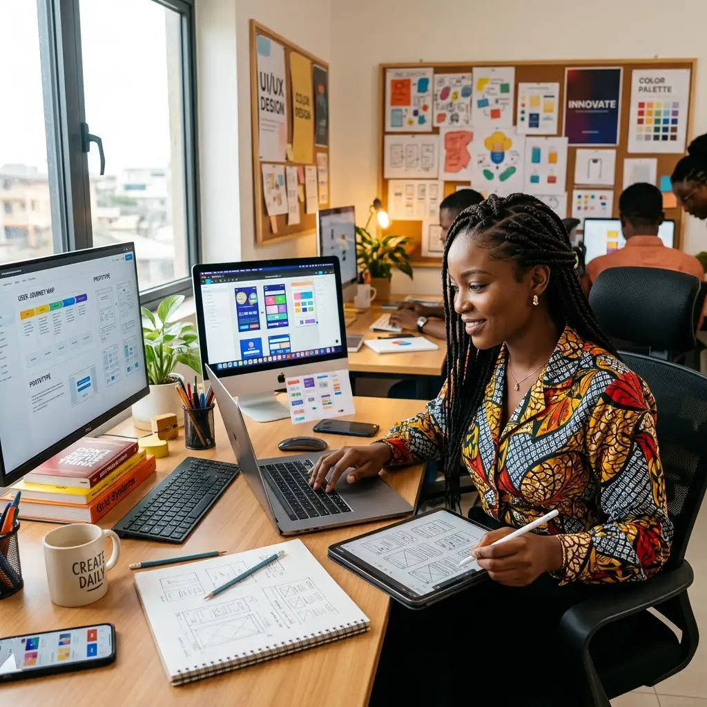 A creative African UI/UX designer working on digital wireframes